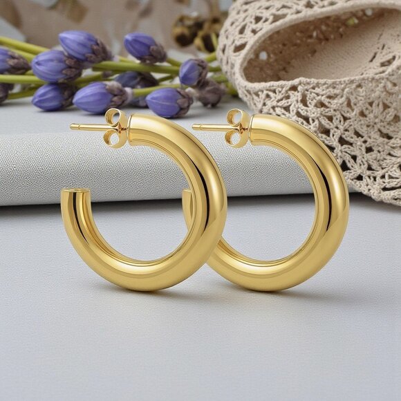 🆕️Chunky C Hoop Earrings 18K Gold Plated Stainless Steel Statement Modern - Picture 3 of 13